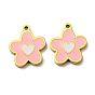 304 Stainless Steel Enamel Charms, Flower with Heart Charms, Pink