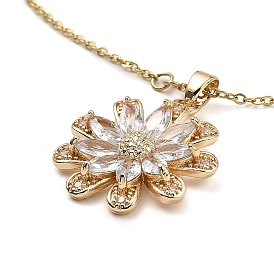 Flower Brass Micro Pave Cubic Zirconia Pendant Necklaces, with Glass