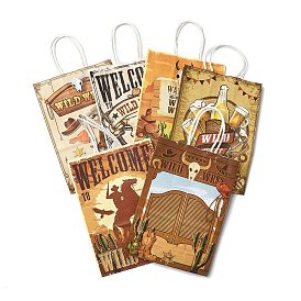 Cowboy Series Printed Kraft Paper Tote Bags, Rectangle Heavy Duty Storage Shopping Bags with Handles