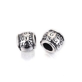 Tibetan Style Alloy European Beads, Large Hole Beads, Cadmium Free & Lead Free, Rondelle with Word Love & Heart