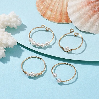 4Pcs 4 Style Brass Wire Wrap Open Cuff Rings Set, Shell Pearl Beaded Stackable Rings