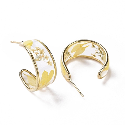 Epoxy Resin Flower with Leaf Stud Earrings, Golden Brass Half Hoop Earrings for Women
