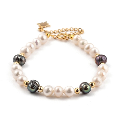 Beaded Bracelets, with Natural Cultured Freshwater Pearl Beads, Golden Plated Brass Spring Ring Clasps and Star Charms