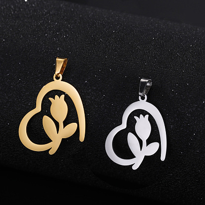 Кулон из нержавеющей стали, Сердце со цветками 