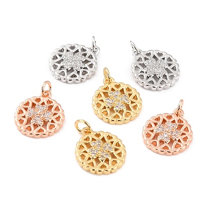 Brass Micro Pave Clear Cubic Zirconia Pendants, with Jump Rings, Long-Lasting Plated, Cadmium Free & Lead Free, Flat Round with Clover