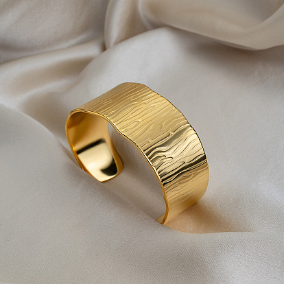 Браслеты-манжеты в европейском стиле 304 из нержавеющей стали с имитацией древесной текстуры, широкие браслеты для женщин