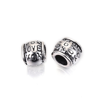 Tibetan Style Alloy European Beads, Large Hole Beads, Cadmium Free & Lead Free, Rondelle with Word Love & Heart