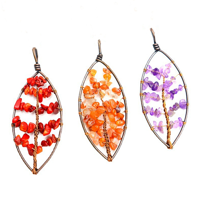 Gemstone Chip Big Pendants, with Metal Findings, Leaf Charm with Tree