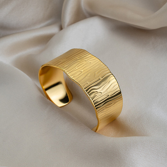 European Style 304 Stainless Steel Wood Grain Open Cuff Bangles, Wide Bangles for Women