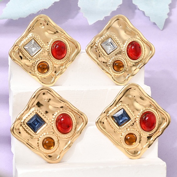 304 Stainless Steel Rhinestone Stud Earrings, Square, Resin Stud Earrings for Women, Ion Plating(IP)
