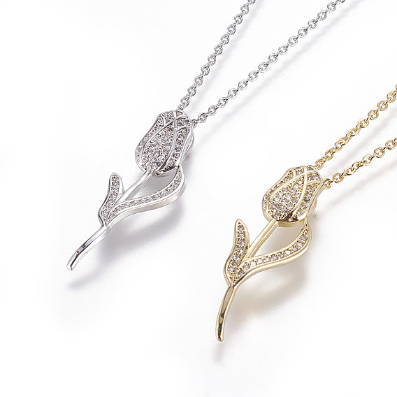 304 подвесные из нержавеющей стали ожерелья, с кубическими кубическими циркониевыми подвесками, цветок