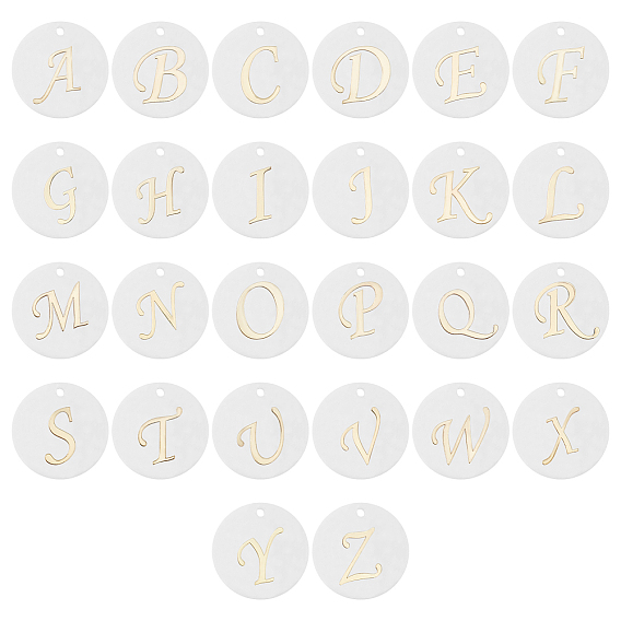 Natural Freshwater Shell Pendants, with Golden Plated Brass Etched Metal Embellishments, Flat Round with Letter, Alphabet