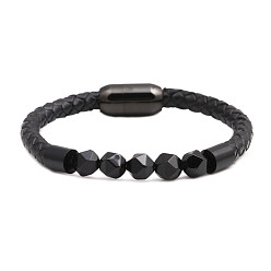 Men's Black Onyx Stone Beaded Bracelet with Magnetic Clasp Leather Weave Jewelry