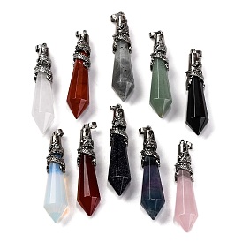 Gemstone Pointed Big Pendants, Faceted Bullet Charms with Rack Plating Antique Silver Tone Alloy Dragon Wrapped, Cadmium Free & Lead Free