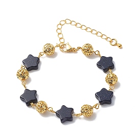 Star Synthetic Blue Goldstone Link Bracelets, Hollow Gender Symbol Alloy Round Bead Bracelets for Women