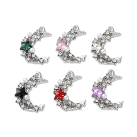 Rack Plating Alloy Pendants, with Rhinestone and ABS Imitation Pearl, Moon & Star