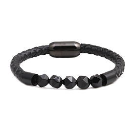 Bracelet en perles d'onyx noir pour hommes, avec fermoir magnétique, bijoux tissés en cuir