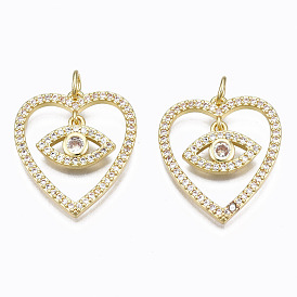 Brass Micro Pave Clear Cubic Zirconia Pendants, with Jump Rings, Nickel Free, Heart with Eye