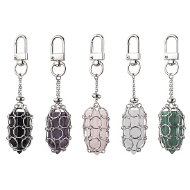 304 Stainless Steel Chain Pouch Natural Gemstone Pendant Decorations, with Alloy Swivel Clasps