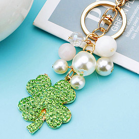 Sparkling Four-Leaf Clover Keychain with Pearl and Rhinestone for Women, Creative Car Bag Charm Gift