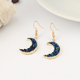 Boho Resin Crescent Moon Earrings - Vintage Ear Hooks with Natural Stone Look