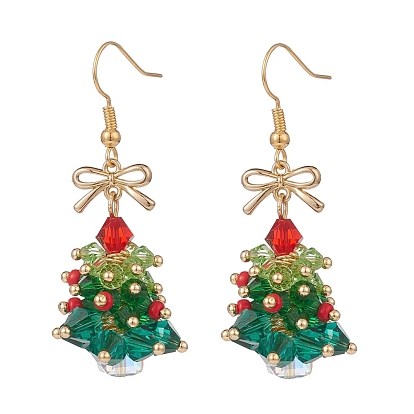 Glass Christmas Tree with Bowknot Dangle Earrings, Gold Plated Brass Wire Wrap Jewelry for Women