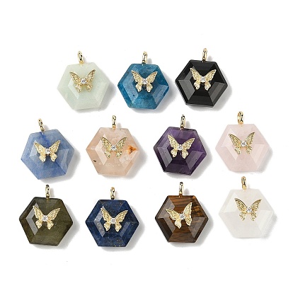Ограненные подвески из натуральных драгоценных камней, Шестиугольные подвески с латунной паве из прозрачных кубических цирконий в форме бабочки, реальный 18 k позолоченный, долговечный, стойки покрытие