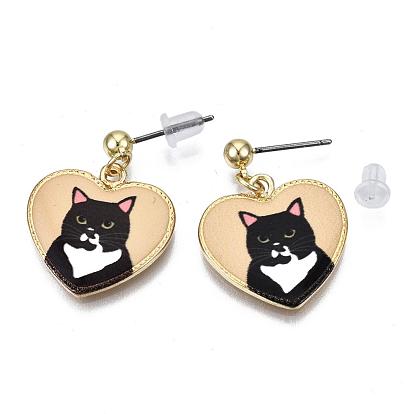 Boucles d'oreilles pendantes chaton en alliage, avec l'émail, broches et écrous d'oreille en acier inoxydable respectueux de l'environnement, imprimé, coeur avec chat