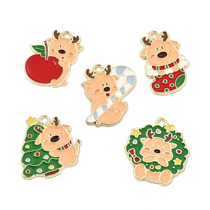 Christmas Alloy Enamel Pendants, Deer Charms, Golden