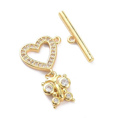 Brass Micro Pave Clear Cubic Zirconia Toggle Clasps, Heart with Butterfly