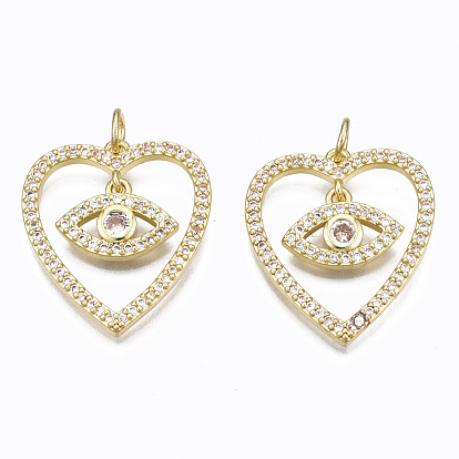 Brass Micro Pave Clear Cubic Zirconia Pendants, with Jump Rings, Nickel Free, Heart with Eye