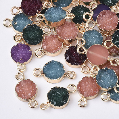 Druzy Resin Links Connectors, with Edge Light Gold Plated Iron Loops, Flat Round