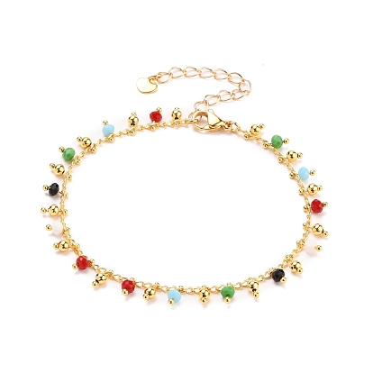 Faceted Glass Charm Bracelets, with Brass Curb Chains, 304 Stainless Steel Heart Charms & Lobster Claw Clasps, Colorful