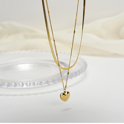 304 Stainless Steel Herringbone & Curb Chains Double Layered Necklaces, Love You Heart Pendant Necklace
