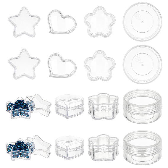 24Pcs 4 Style Plastic Bead Containers, Heart & Flower & Round