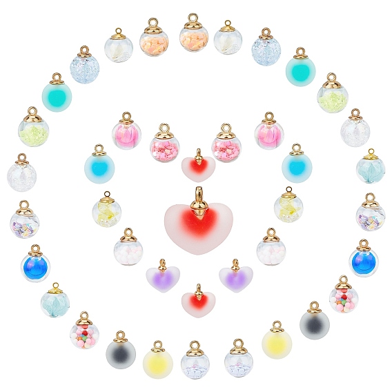 40Pcs Transparent Glass Globe Pendant, with Glass Beads inside and CCB Plastic Pendant Bails, Round