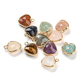 Gemstone Faceted Heart Charms, with Golden Tone Brass Edge
