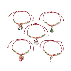 5Pcs 5 Styles Adjustable Electroplate Glass Braided Bead Bracelet Sets, Christmas Tree & Candy Cane Alloy Enamel Charm Stackable Bracelets for Women