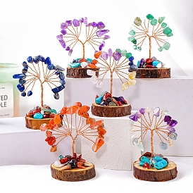 Natural Gemstone Chips Tree of Life Decorations, Wooden Base with Copper Wire Feng Shui Ornaments