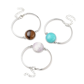 Bracelets de charme d'alliage, avec cabochons plats ronds de pierres précieuses naturelles et synthétiques, platine