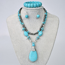 Teardrop Synthetic Turquoise Pendant Necklaces & Dangle Earrings & Stretch Bracelets Sets, Alloy Jewelry Sets