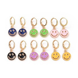 Boucles d'oreilles créoles en émail visage souriant évidé pour femme, boucles d'oreilles pendantes en alliage doré clair à double face