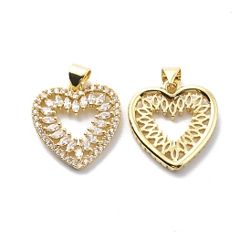 Brass Clear Cubic Zirconia Pendants, Cadmium Free & Lead Free, Hollow Heart Charm