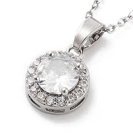 201 Stainless Steel Cable Chain Necklaces, Brass Clear Cubic Zirconia Flat Round Pendant Necklaces