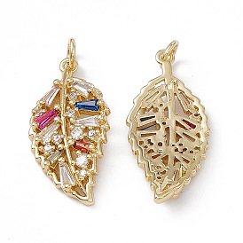 Brass Colorful Cubic Zirconia Pendants, with Jump Ring, Leaf Charms