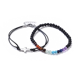 Stackable Bracelets Sets, with Natural & Synthetic Mixed Stone, Stainless Steel Findings and Waxed Polyester Cord