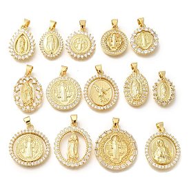 Rack Plating Brass with Cubic Zirconia Pendants, Long-Lasting Plated, Lead Free & Cadmium Free, Religion Pattern Charms