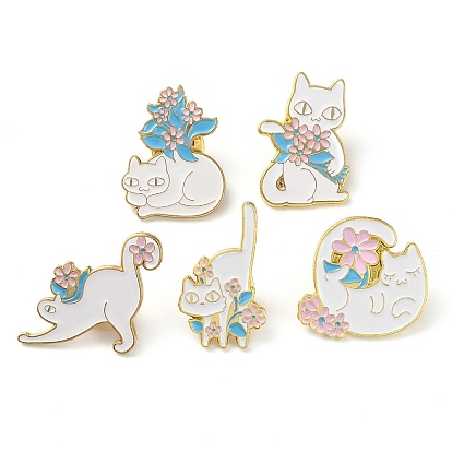 Cartoon Yoga Cat & Flower Enamel Pins, Golden Zinc Alloy Brooches for Women