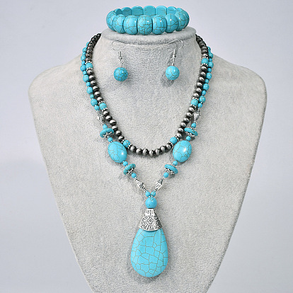 Ожерелья с подвесками из синтетической бирюзы в форме капли, серьги-подвески и наборы из эластичных браслетов, сплав ювелирных изделий