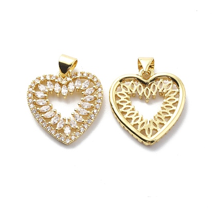 Brass Clear Cubic Zirconia Pendants, Cadmium Free & Lead Free, Hollow Heart Charm
